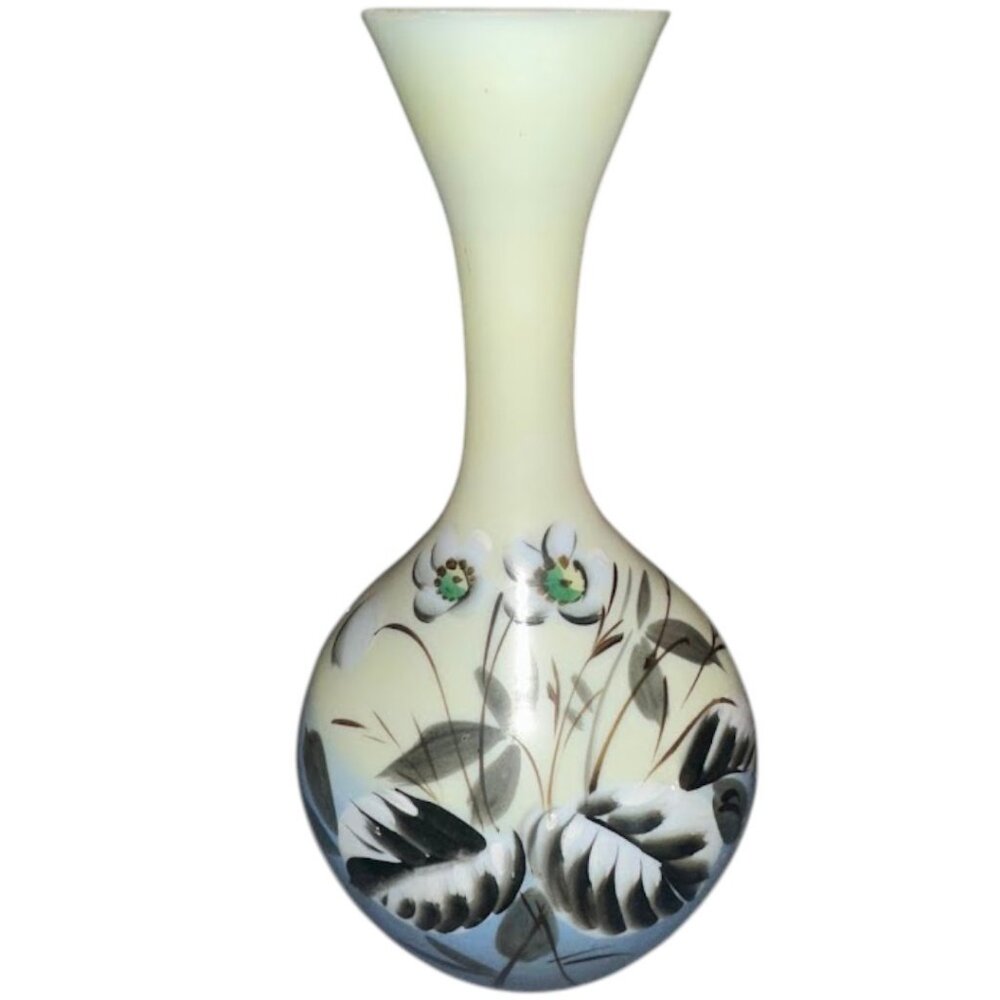 Antique Victorian White Opaline Hand Painted Flowers Bristol Vase